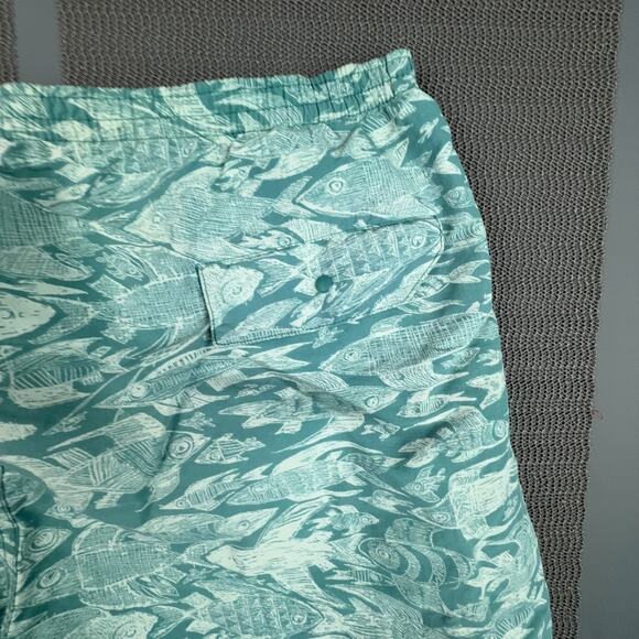 Patagonia Fish Print Swim Trunks Green Blue | Size L | Drawstring Board Shorts - Picture 3 of 7